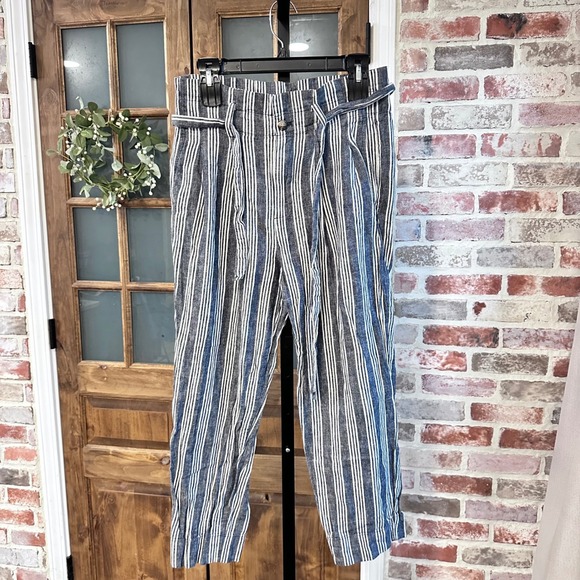 Madewell Pants - Madewell Striped Pants Women Blue White Linen Blend Tie Waist High Rise Size 4